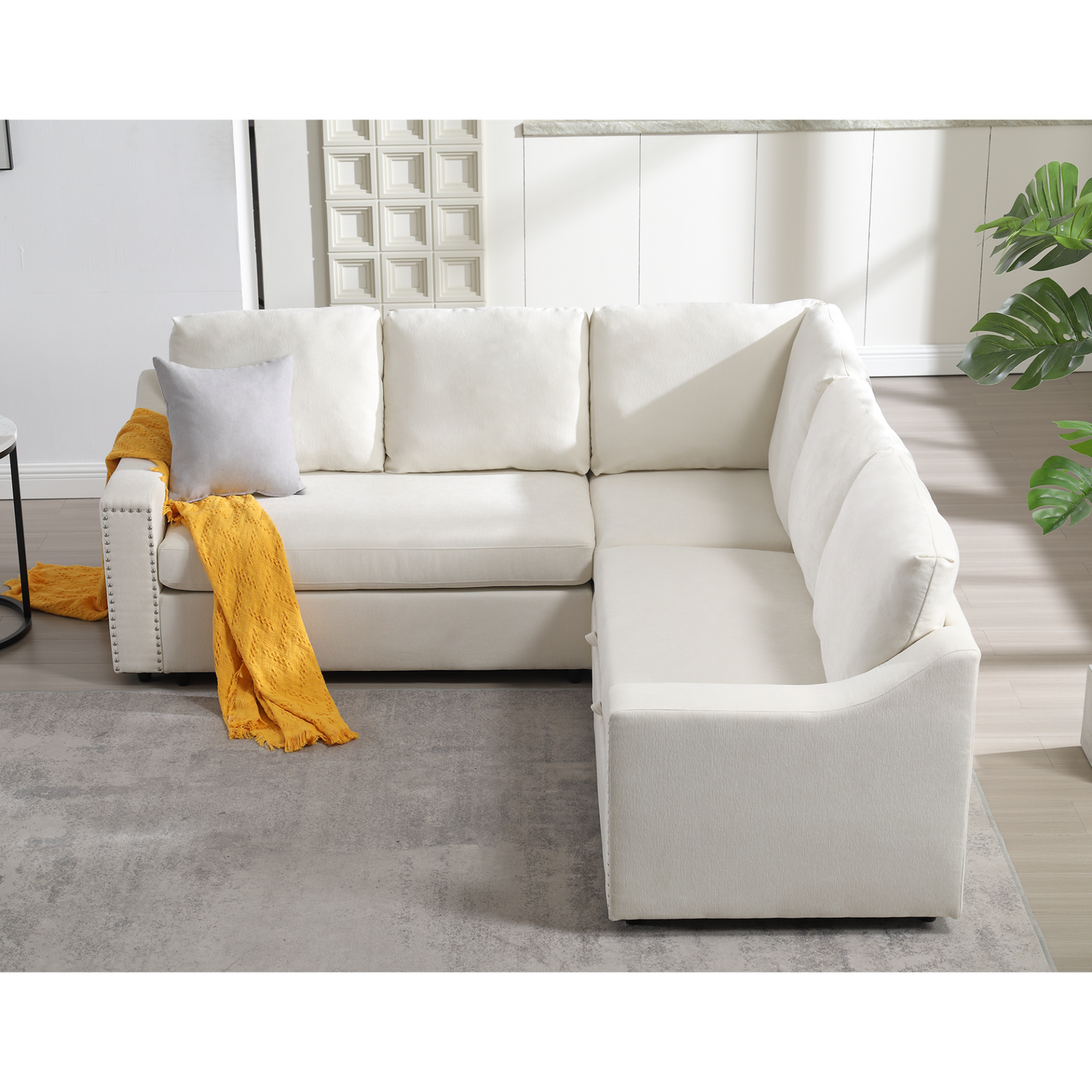 L-shaped sofa with pull-out sofa bed, Corner Sofa,comfortable living room furniture set, sleeper sofa bed,Corner seat for two with broaching sofa,Rivet DeChenille,Beige