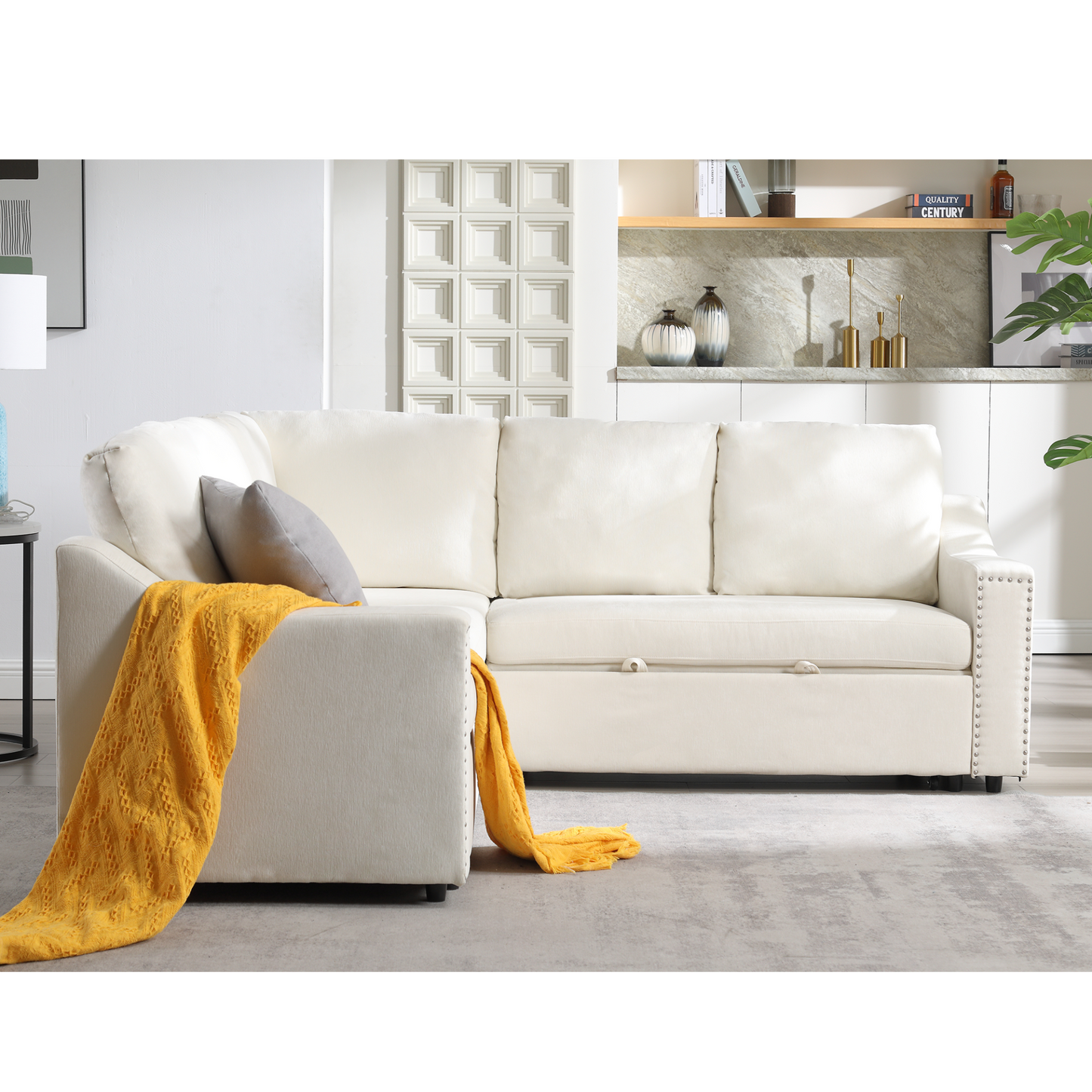 L-shaped sofa with pull-out sofa bed, Corner Sofa,comfortable living room furniture set, sleeper sofa bed,Corner seat for two with broaching sofa,Rivet DeChenille,Beige