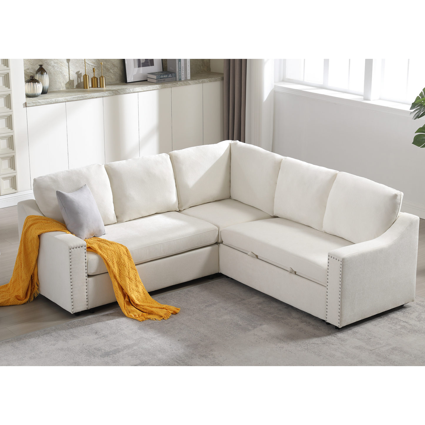 L-shaped sofa with pull-out sofa bed, Corner Sofa,comfortable living room furniture set, sleeper sofa bed,Corner seat for two with broaching sofa,Rivet DeChenille,Beige