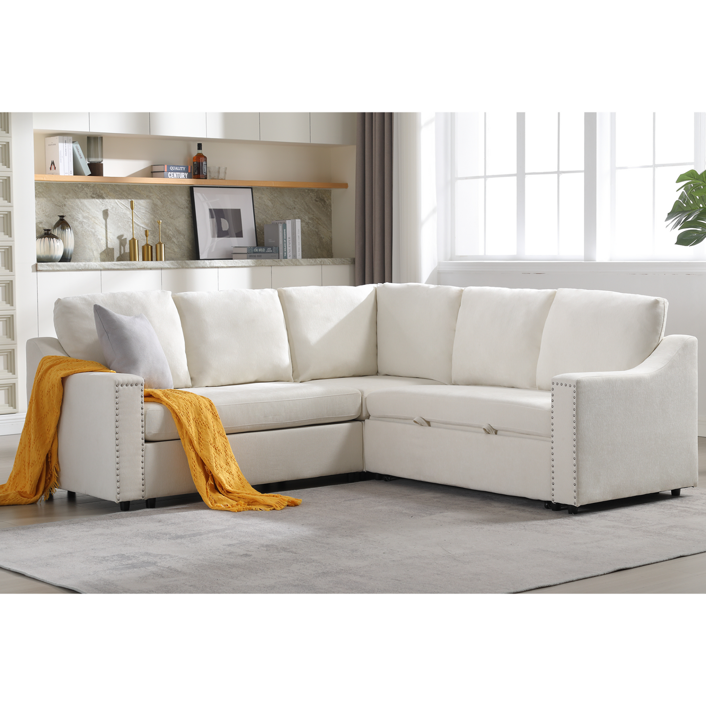 L-shaped sofa with pull-out sofa bed, Corner Sofa,comfortable living room furniture set, sleeper sofa bed,Corner seat for two with broaching sofa,Rivet DeChenille,Beige