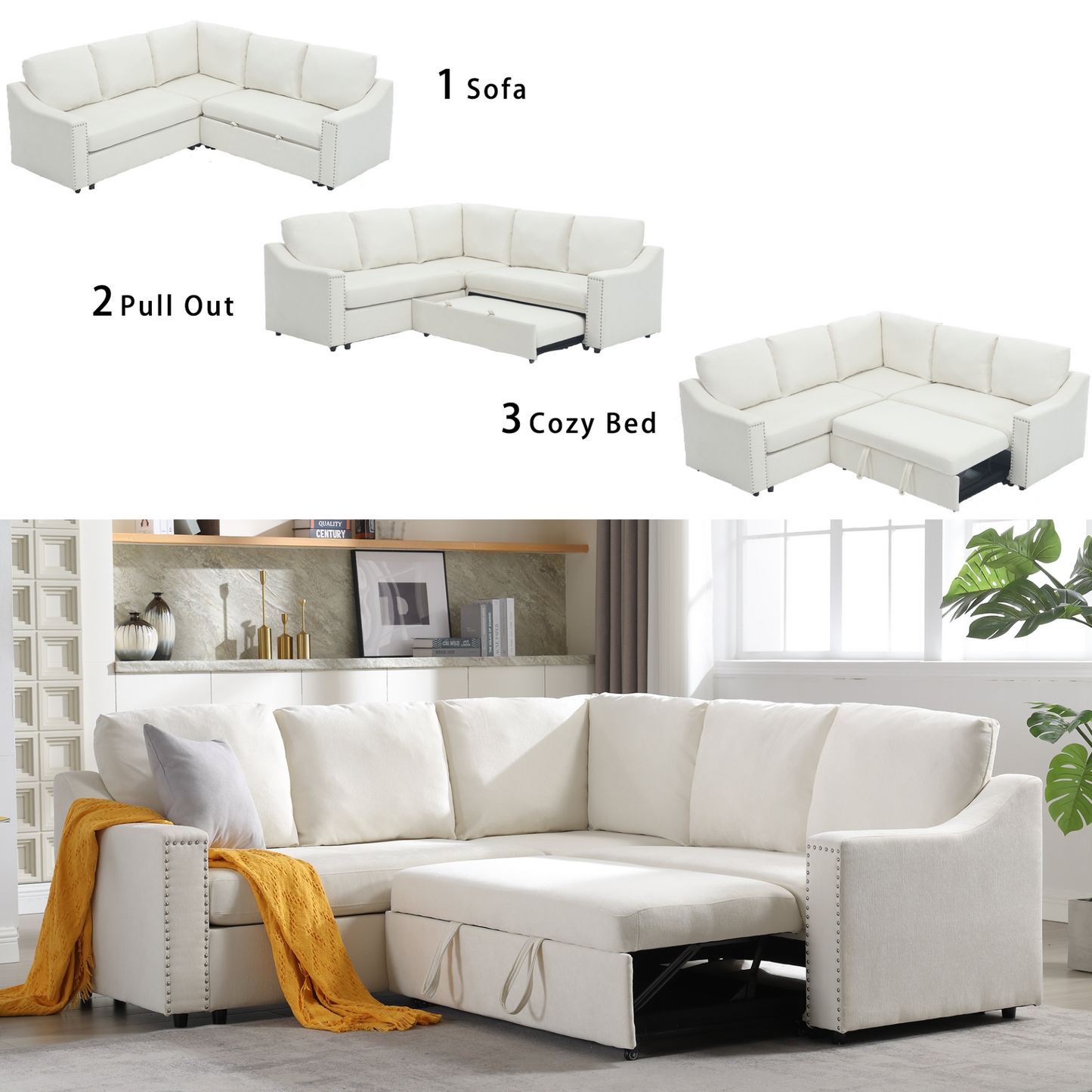 L-shaped sofa with pull-out sofa bed, Corner Sofa,comfortable living room furniture set, sleeper sofa bed,Corner seat for two with broaching sofa,Rivet DeChenille,Beige