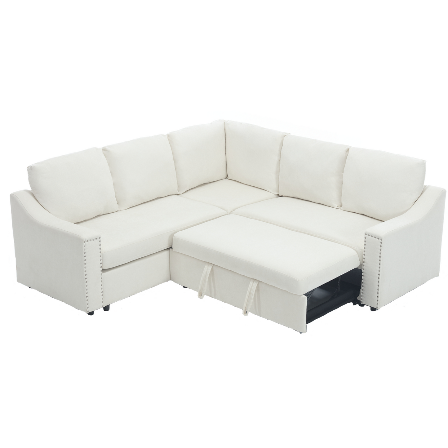 L-shaped sofa with pull-out sofa bed, Corner Sofa,comfortable living room furniture set, sleeper sofa bed,Corner seat for two with broaching sofa,Rivet DeChenille,Beige