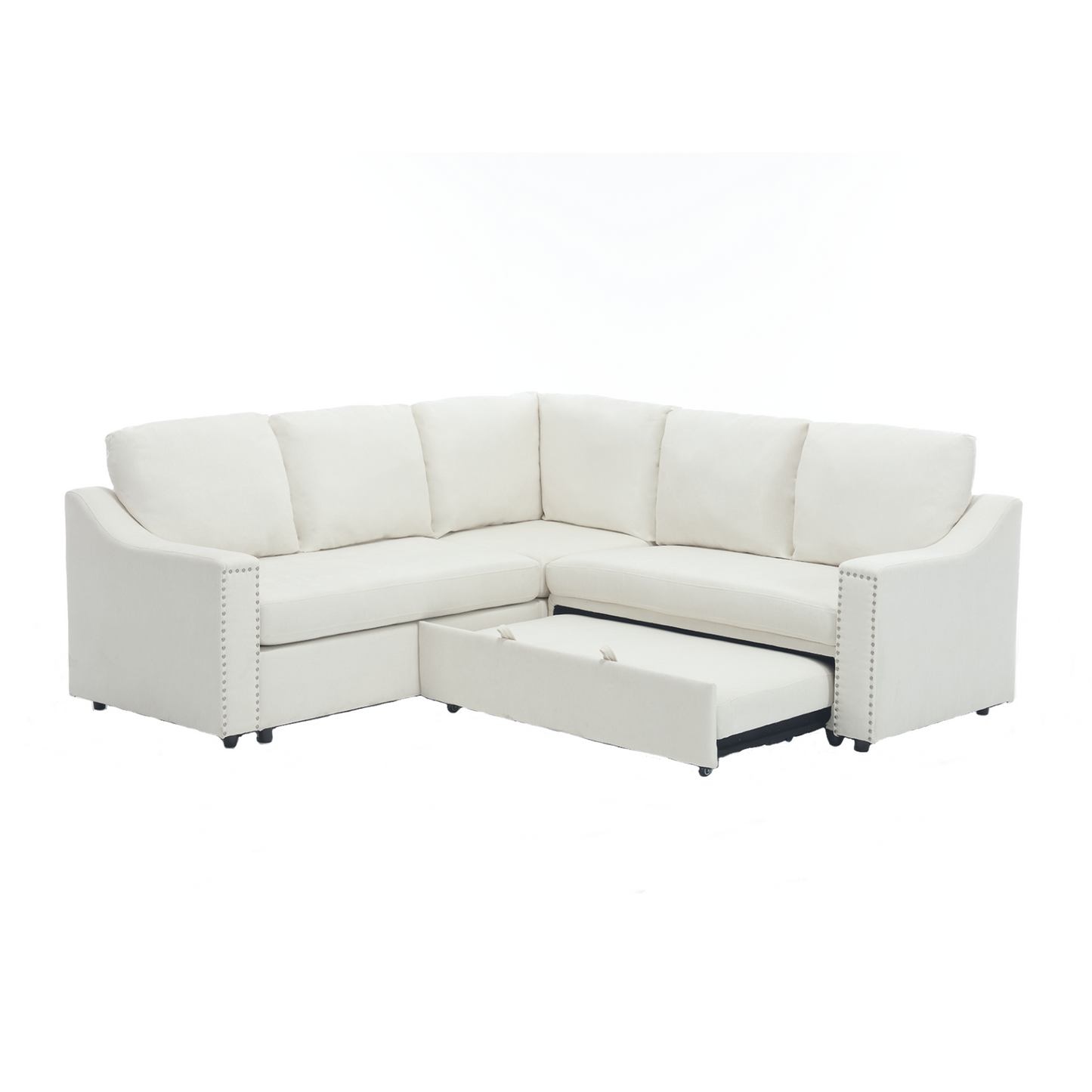 L-shaped sofa with pull-out sofa bed, Corner Sofa,comfortable living room furniture set, sleeper sofa bed,Corner seat for two with broaching sofa,Rivet DeChenille,Beige