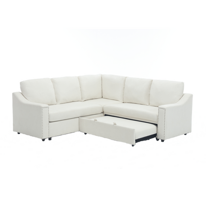 L-shaped sofa with pull-out sofa bed, Corner Sofa,comfortable living room furniture set, sleeper sofa bed,Corner seat for two with broaching sofa,Rivet DeChenille,Beige