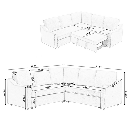 L-shaped sofa with pull-out sofa bed, Corner Sofa,comfortable living room furniture set, sleeper sofa bed,Corner seat for two with broaching sofa,Rivet DeChenille,Beige