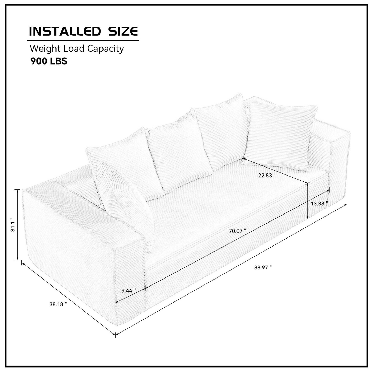 88.97 inch Soft Corduroy Upholstery Streamlined Design sofa with 5 Pillows, Ample and Cozy 3 Seater Couch for Modern Spaces for Living room,office BLACK
