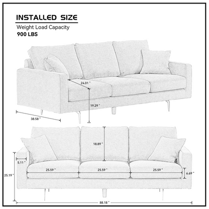 Modern Grey Three-Seat Sofa with Thick Sponge and Two Pillows, 87.40inch