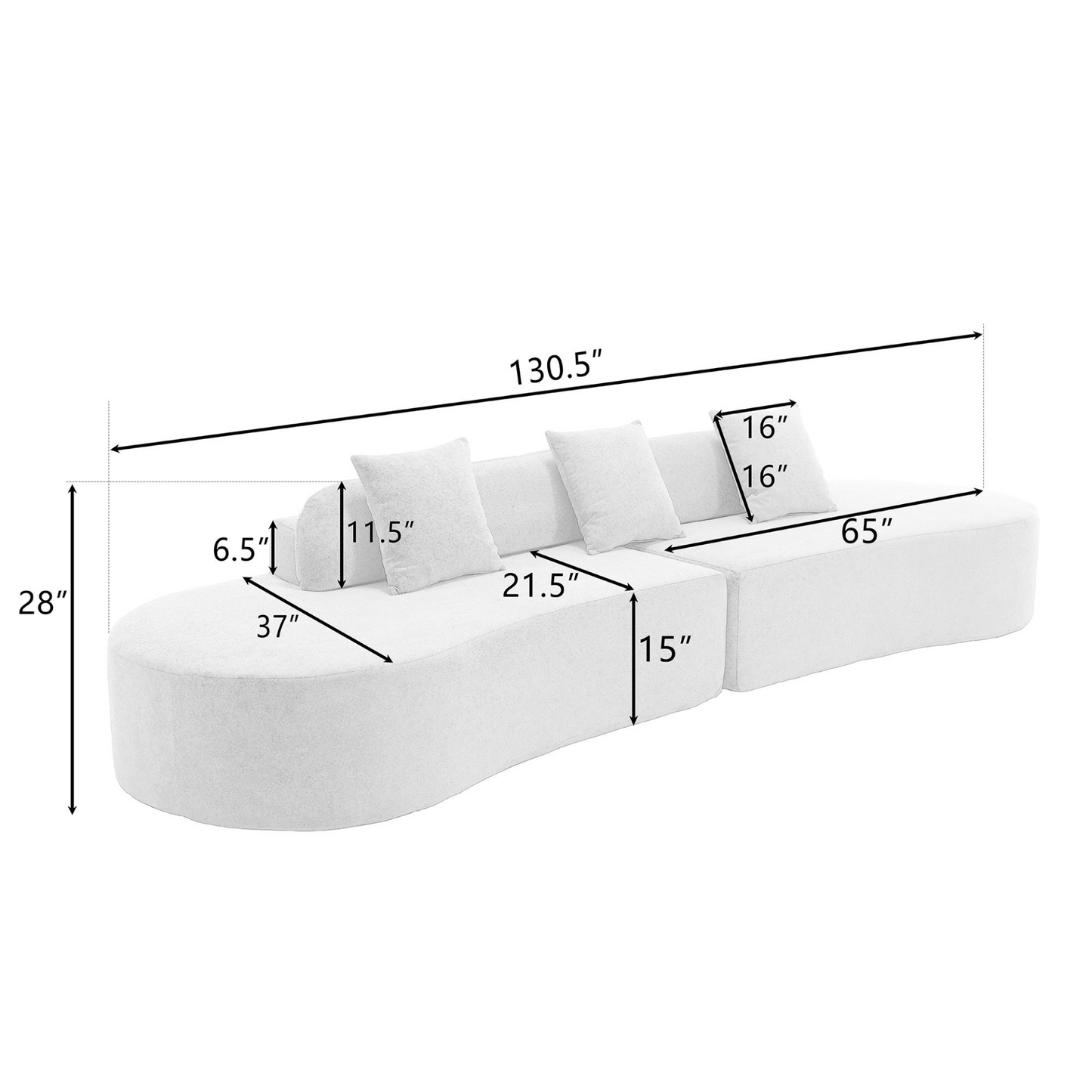 Modern curved combination sofa, terrycloth fabric sofa, minimalist sofa in living room, apartment, no assembly required, three  pillows,Gray