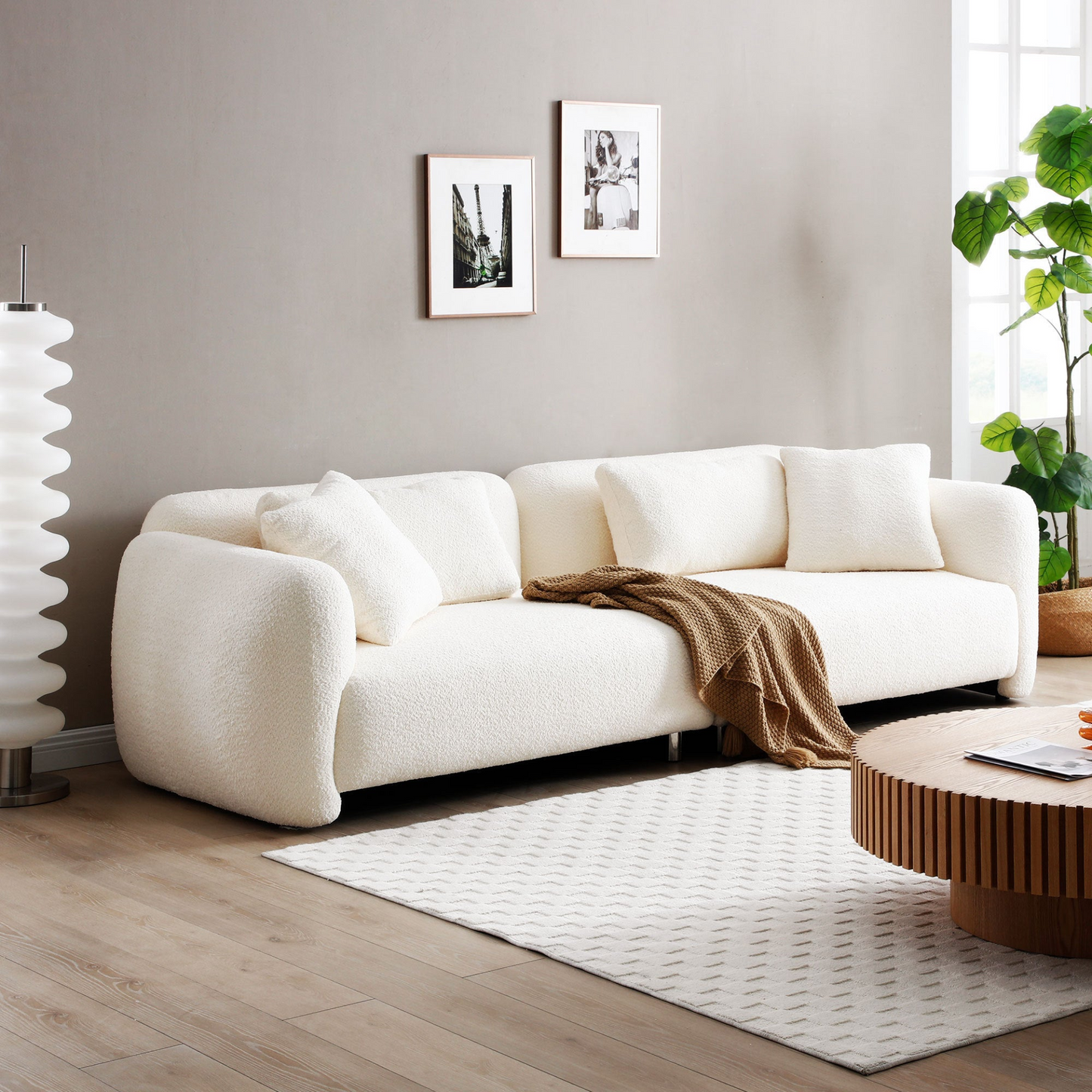 110.23'' Oversized Sofa Comfy Teddy Bouclé Couch with 4 Pillows Premium 3-Seater Bubble Couch  for Living Room/Bedroom,Home/Office BEIGE