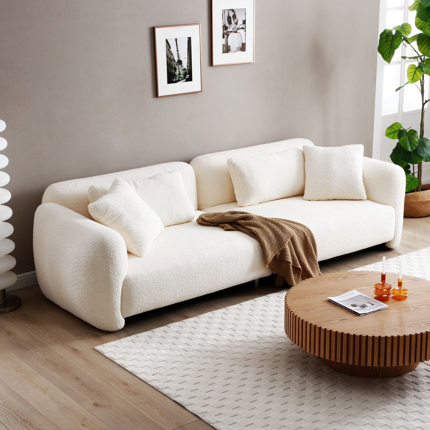 110.23'' Oversized Sofa Comfy Teddy Bouclé Couch with 4 Pillows Premium 3-Seater Bubble Couch  for Living Room/Bedroom,Home/Office BEIGE