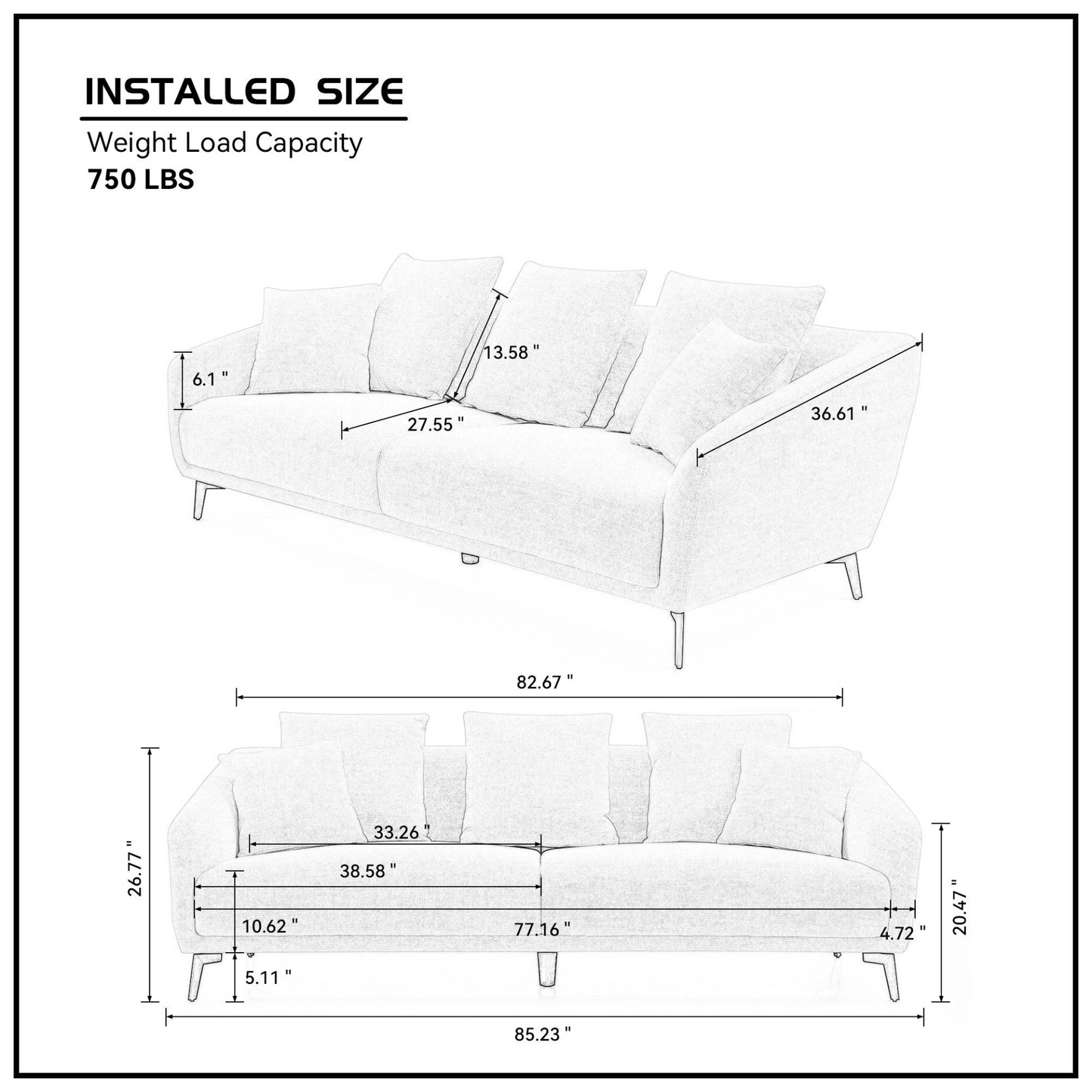 Modern Fabric Upholstered Sofa with Three Cushions, 2 Pillows, Light Grey
