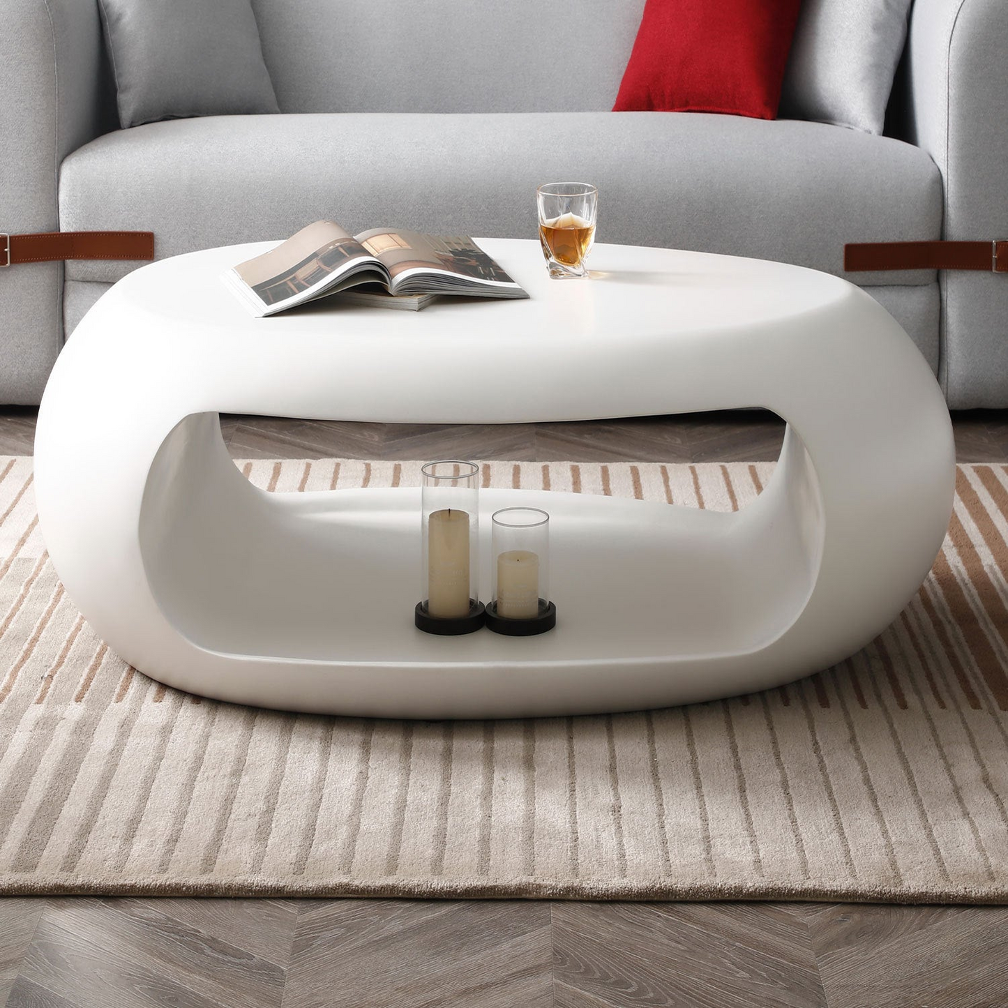 39.37'' Oval Coffee Table, Sturdy Fiberglass table for Living Room, No Need Assembly White
