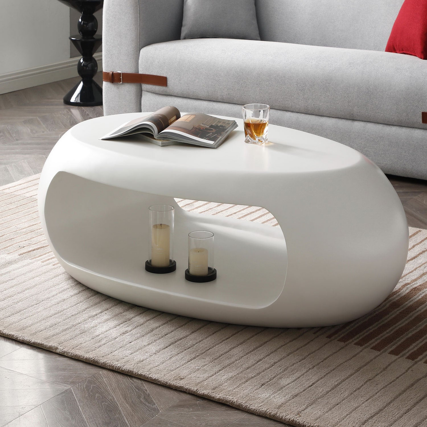 39.37'' Oval Coffee Table, Sturdy Fiberglass table for Living Room, No Need Assembly White