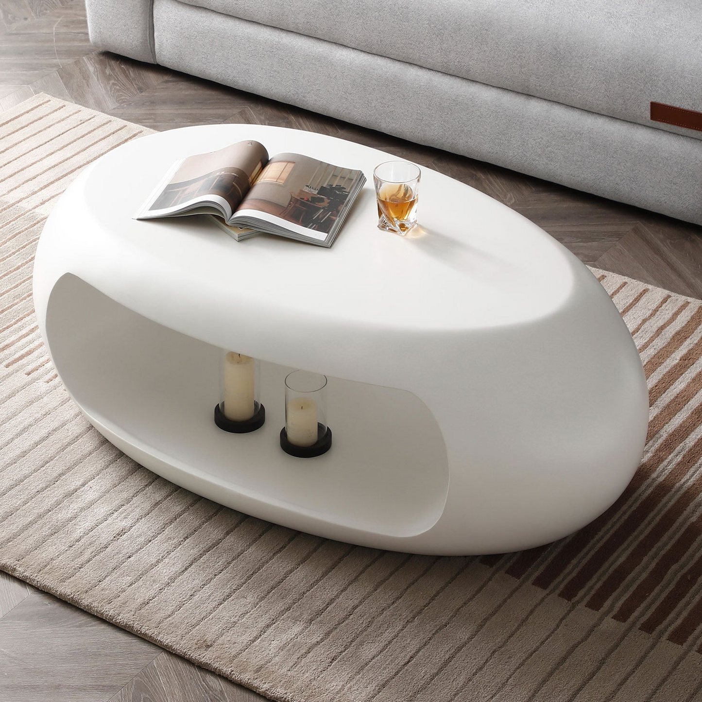 39.37'' Oval Coffee Table, Sturdy Fiberglass table for Living Room, No Need Assembly White