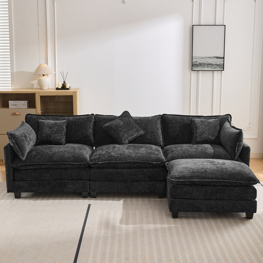 112.2" L-Shape Chenille Upholstered Sofa for Living Room Modern Luxury Sofa Couch with Ottoman and 5 Pillows for Living Room , Black