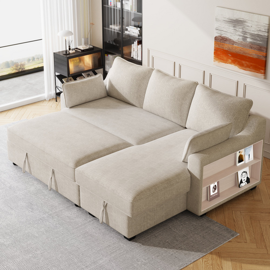 90" Pull Out Sleeper Sofa L-Shaped Couch Convertible Sofa Bed with Storage Chaise, Storage Racks and USB Ports , Beige