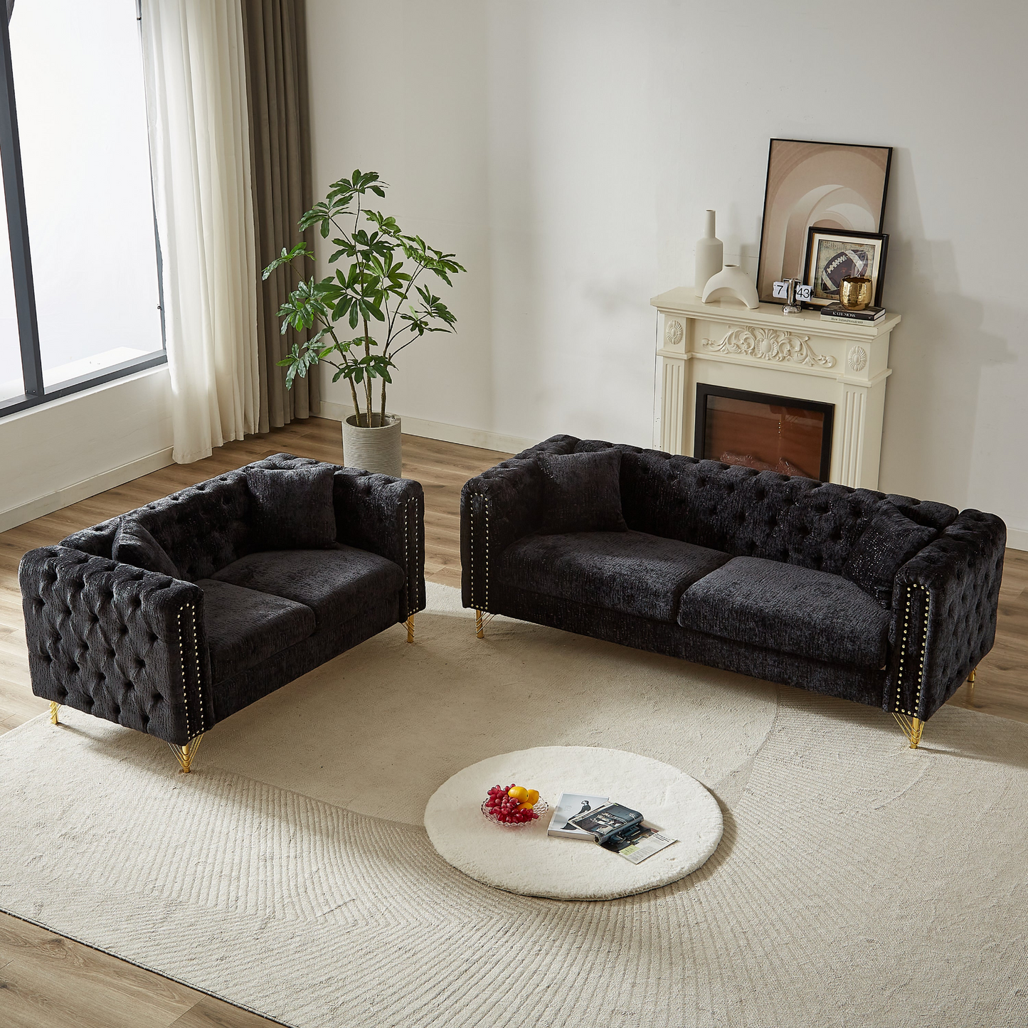 Chenille Pull Buckle Design Sofa for Living Room,Buttons Tufted With Copper Nail Decoration Armrest, Modern Couch Upholstered Button And Metal Legs
