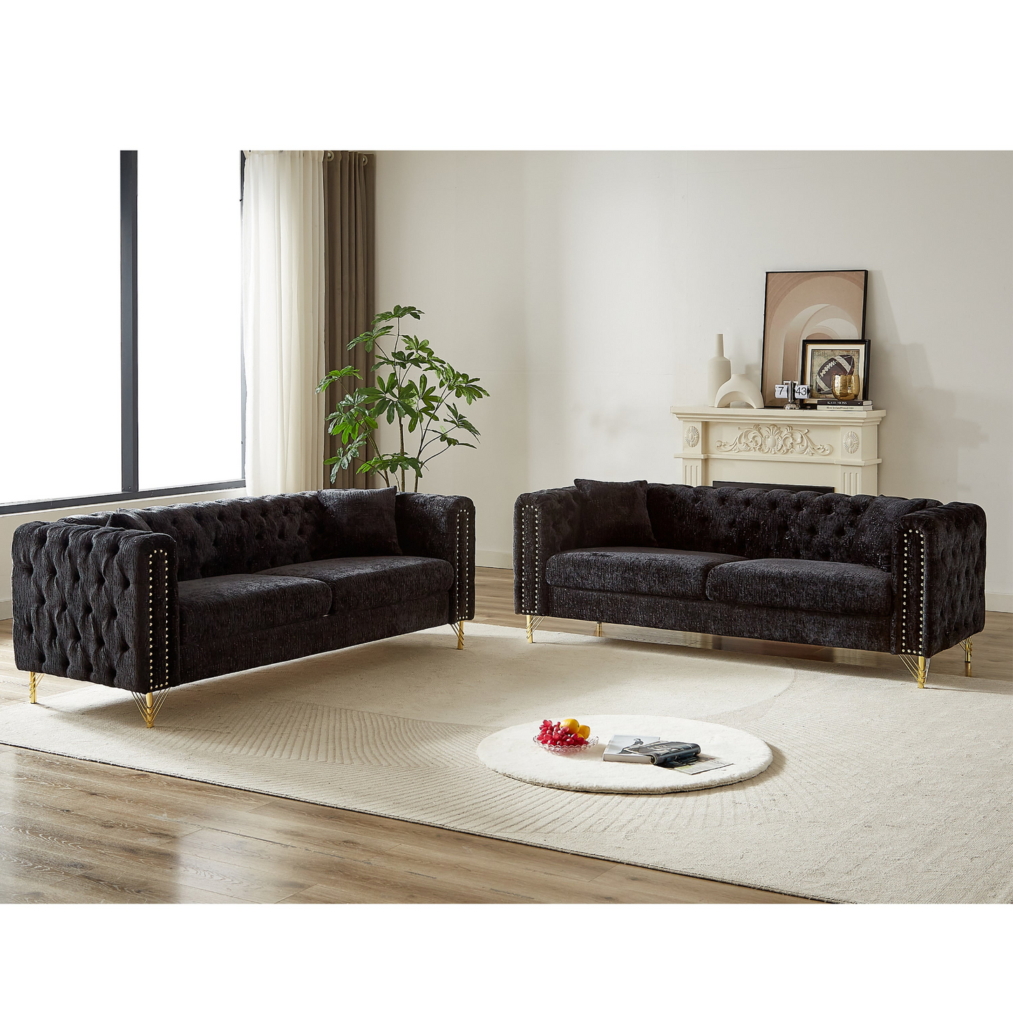 Chenille Pull Buckle Design Sofa for Living Room,Buttons Tufted With Copper Nail Decoration Armrest, Modern Couch Upholstered Button And Metal Legs