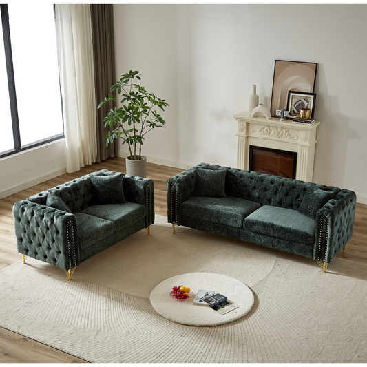 Chenille Pull Buckle Design Sofa for Living Room,Buttons Tufted With Copper Nail Decoration Armrest, Modern Couch Upholstered Button And Metal Legs