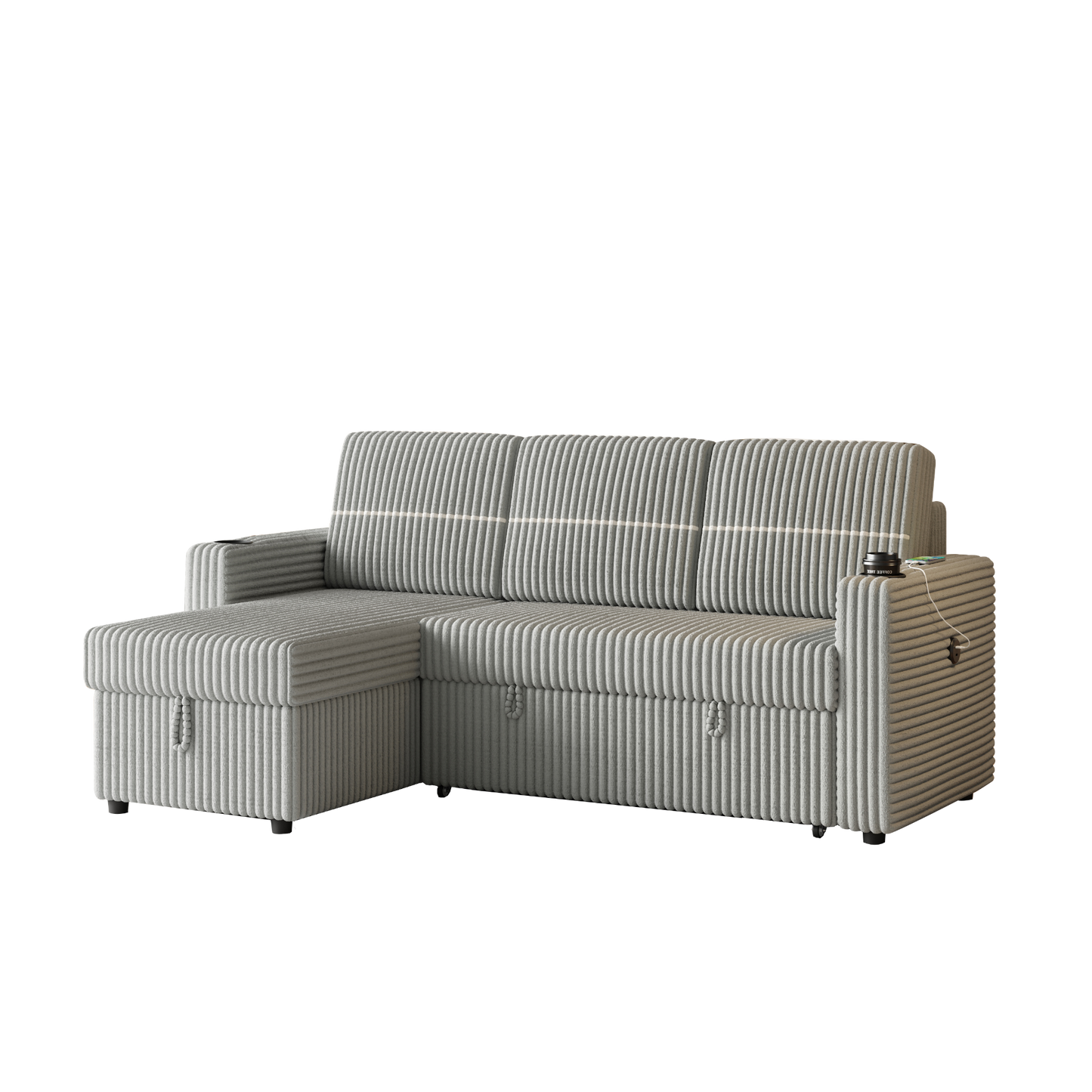85 Inches Corduroy Sofa Bed, 3 Seater Sleeper Sofa with Storage Chaise, Square Handrail With Two Cup-holder And USB Charge Port, Pull Out Couch for Living Room