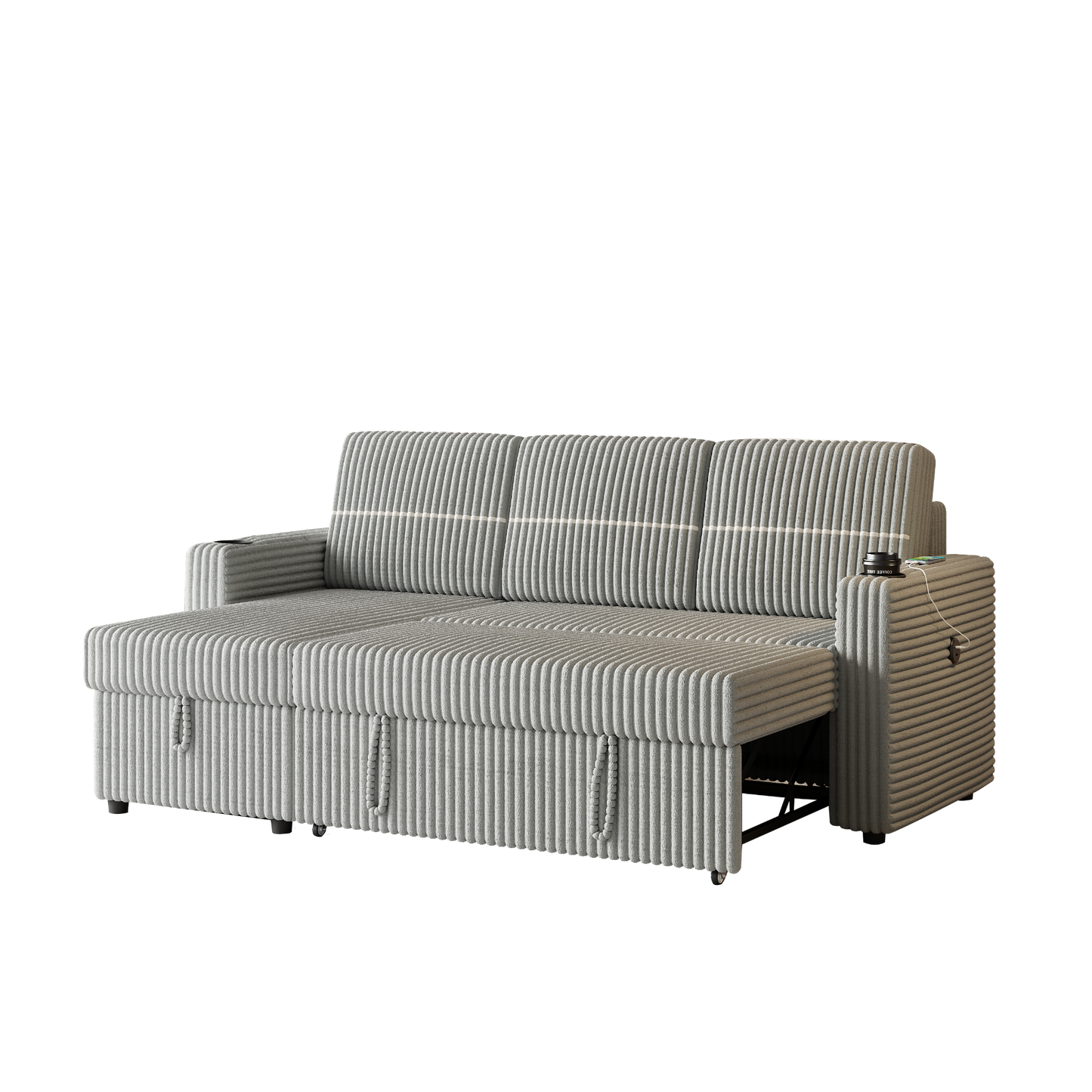 85 Inches Corduroy Sofa Bed, 3 Seater Sleeper Sofa with Storage Chaise, Square Handrail With Two Cup-holder And USB Charge Port, Pull Out Couch for Living Room