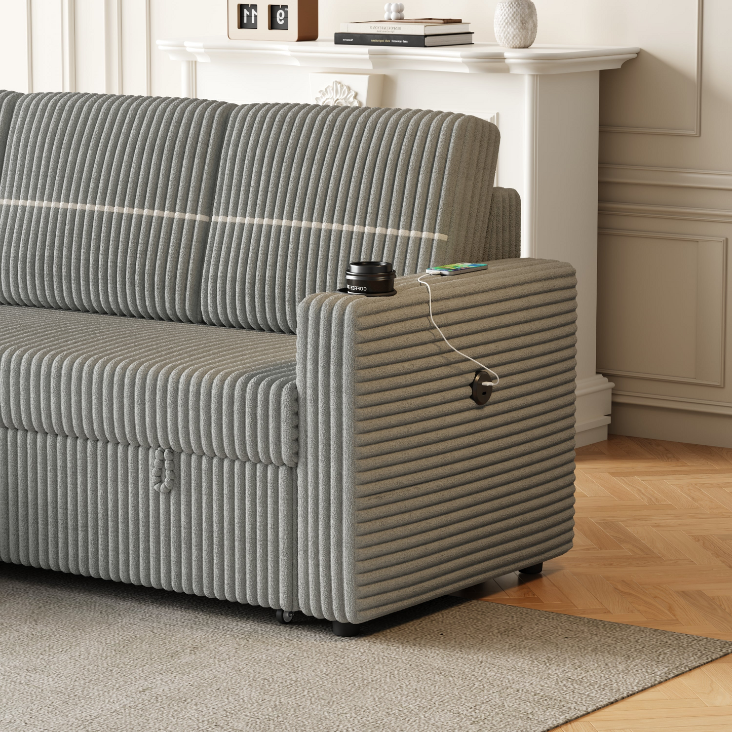 85 Inches Corduroy Sofa Bed, 3 Seater Sleeper Sofa with Storage Chaise, Square Handrail With Two Cup-holder And USB Charge Port, Pull Out Couch for Living Room