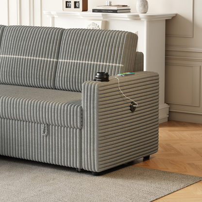 85 Inches Corduroy Sofa Bed, 3 Seater Sleeper Sofa with Storage Chaise, Square Handrail With Two Cup-holder And USB Charge Port, Pull Out Couch for Living Room