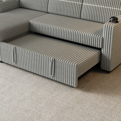 85 Inches Corduroy Sofa Bed, 3 Seater Sleeper Sofa with Storage Chaise, Square Handrail With Two Cup-holder And USB Charge Port, Pull Out Couch for Living Room
