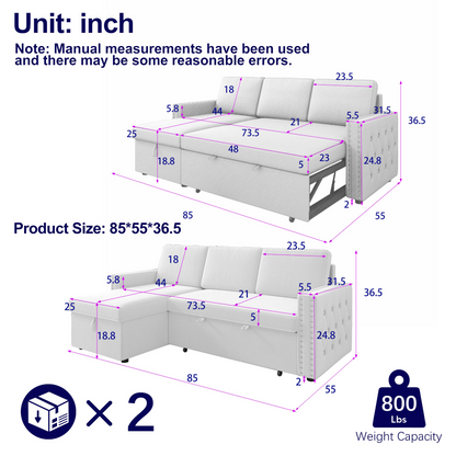 85 Inches Sofa Bed, 3 Seater Sleeper Sofa with Storage Chaise, Square Handrail With Pull and Copper nail,Chenille-Light Grey, Pull Out Couch for Living Room