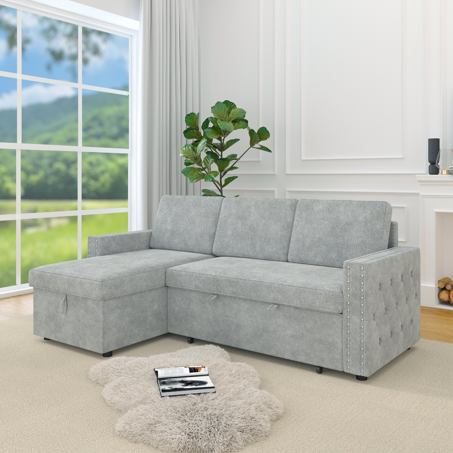 85 Inches Sofa Bed, 3 Seater Sleeper Sofa with Storage Chaise, Square Handrail With Pull and Copper nail,Chenille-Light Grey, Pull Out Couch for Living Room