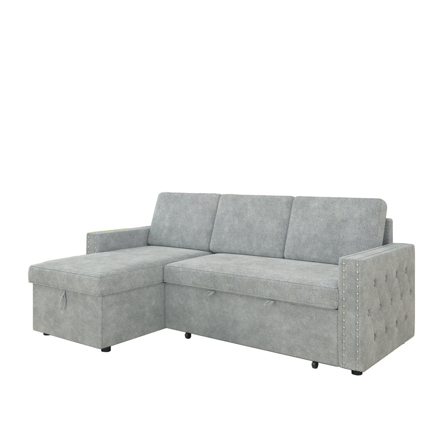 85 Inches Sofa Bed, 3 Seater Sleeper Sofa with Storage Chaise, Square Handrail With Pull and Copper nail,Chenille-Light Grey, Pull Out Couch for Living Room