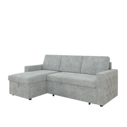 85 Inches Sofa Bed, 3 Seater Sleeper Sofa with Storage Chaise, Square Handrail With Pull and Copper nail,Chenille-Light Grey, Pull Out Couch for Living Room