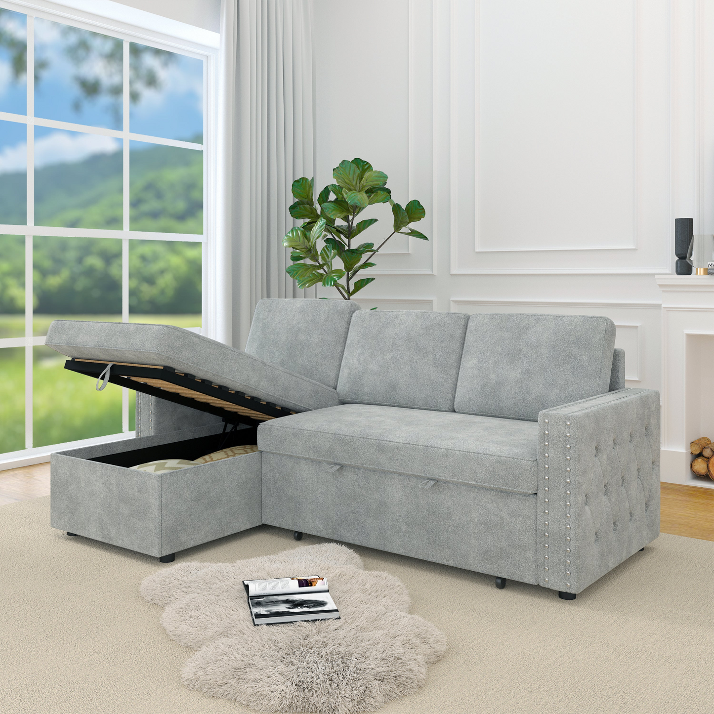 85 Inches Sofa Bed, 3 Seater Sleeper Sofa with Storage Chaise, Square Handrail With Pull and Copper nail,Chenille-Light Grey, Pull Out Couch for Living Room