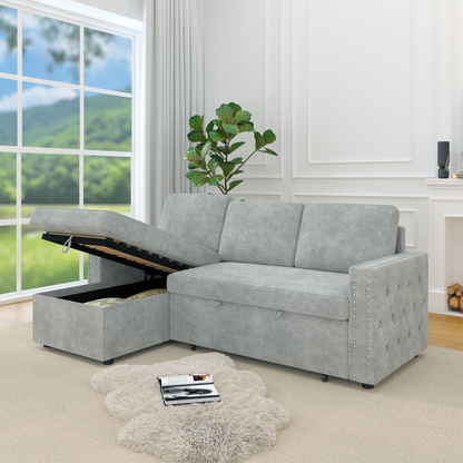 85 Inches Sofa Bed, 3 Seater Sleeper Sofa with Storage Chaise, Square Handrail With Pull and Copper nail,Chenille-Light Grey, Pull Out Couch for Living Room