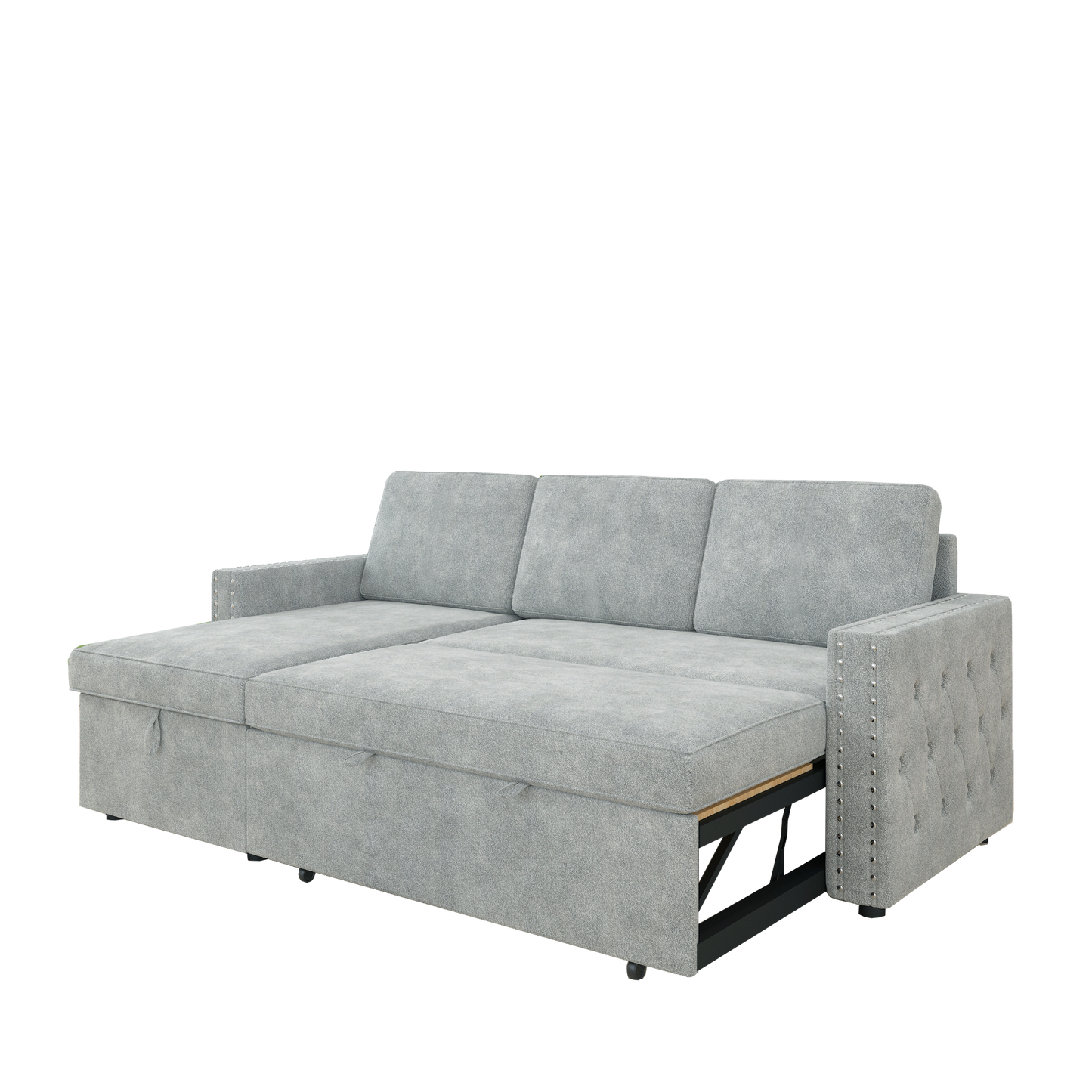 85 Inches Sofa Bed, 3 Seater Sleeper Sofa with Storage Chaise, Square Handrail With Pull and Copper nail,Chenille-Light Grey, Pull Out Couch for Living Room