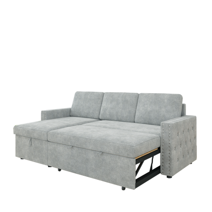 85 Inches Sofa Bed, 3 Seater Sleeper Sofa with Storage Chaise, Square Handrail With Pull and Copper nail,Chenille-Light Grey, Pull Out Couch for Living Room