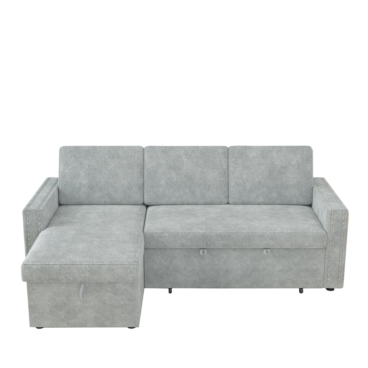 85 Inches Sofa Bed, 3 Seater Sleeper Sofa with Storage Chaise, Square Handrail With Pull and Copper nail,Chenille-Light Grey, Pull Out Couch for Living Room