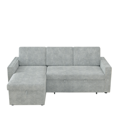 85 Inches Sofa Bed, 3 Seater Sleeper Sofa with Storage Chaise, Square Handrail With Pull and Copper nail,Chenille-Light Grey, Pull Out Couch for Living Room