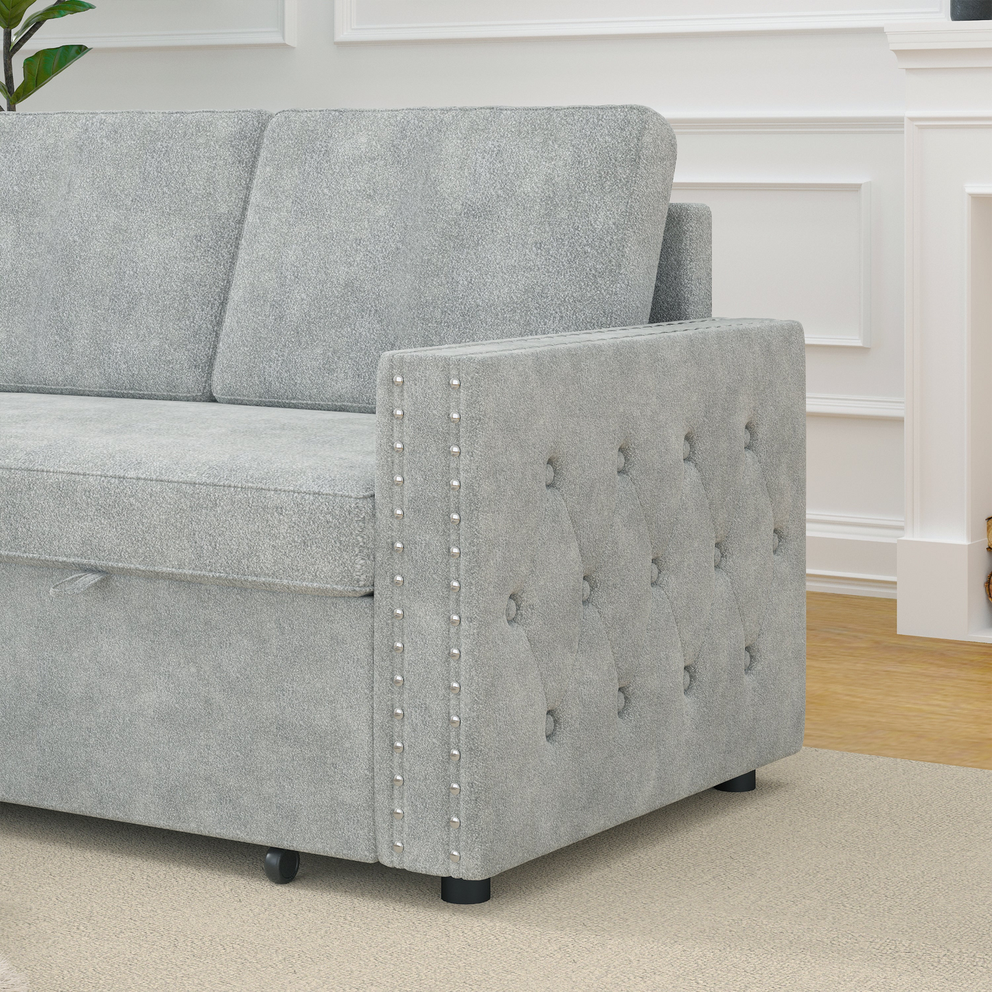 85 Inches Sofa Bed, 3 Seater Sleeper Sofa with Storage Chaise, Square Handrail With Pull and Copper nail,Chenille-Light Grey, Pull Out Couch for Living Room