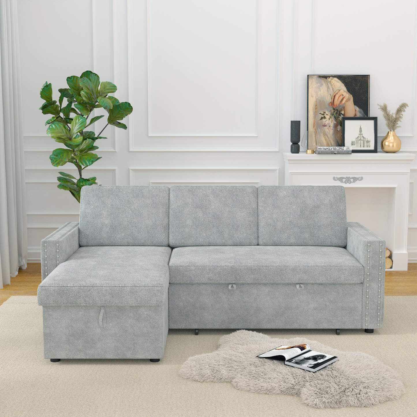 85 Inches Sofa Bed, 3 Seater Sleeper Sofa with Storage Chaise, Square Handrail With Pull and Copper nail,Chenille-Light Grey, Pull Out Couch for Living Room