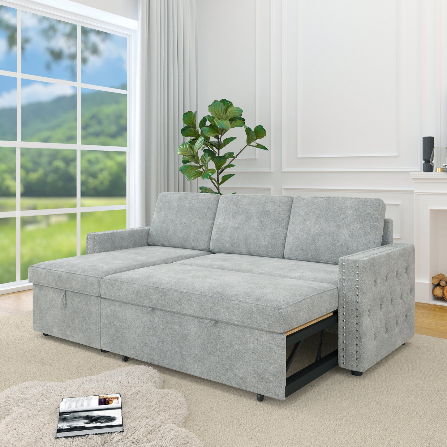 85 Inches Sofa Bed, 3 Seater Sleeper Sofa with Storage Chaise, Square Handrail With Pull and Copper nail,Chenille-Light Grey, Pull Out Couch for Living Room