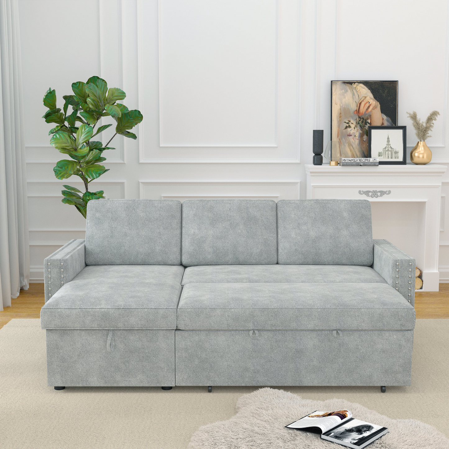 85 Inches Sofa Bed, 3 Seater Sleeper Sofa with Storage Chaise, Square Handrail With Pull and Copper nail,Chenille-Light Grey, Pull Out Couch for Living Room