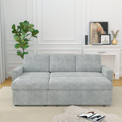 85 Inches Sofa Bed, 3 Seater Sleeper Sofa with Storage Chaise, Square Handrail With Pull and Copper nail,Chenille-Light Grey, Pull Out Couch for Living Room