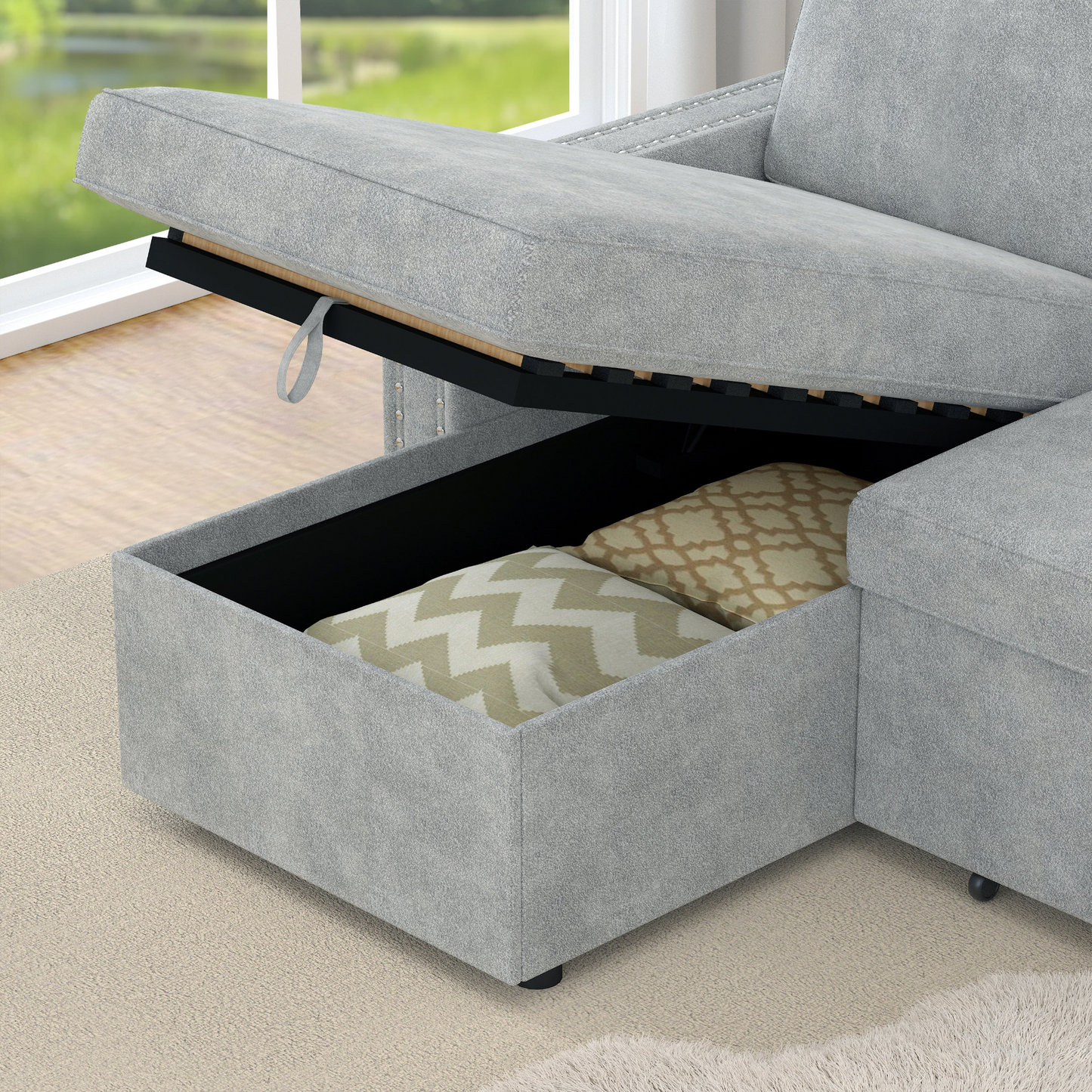 85 Inches Sofa Bed, 3 Seater Sleeper Sofa with Storage Chaise, Square Handrail With Pull and Copper nail,Chenille-Light Grey, Pull Out Couch for Living Room