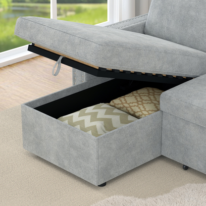 85 Inches Sofa Bed, 3 Seater Sleeper Sofa with Storage Chaise, Square Handrail With Pull and Copper nail,Chenille-Light Grey, Pull Out Couch for Living Room