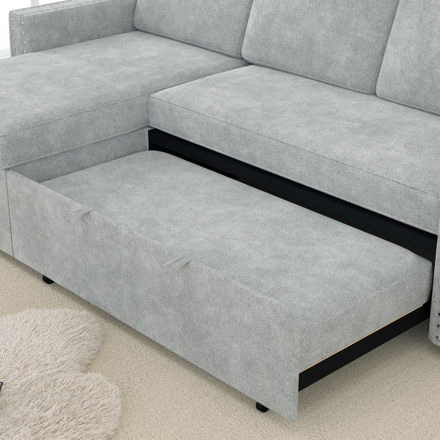 85 Inches Sofa Bed, 3 Seater Sleeper Sofa with Storage Chaise, Square Handrail With Pull and Copper nail,Chenille-Light Grey, Pull Out Couch for Living Room