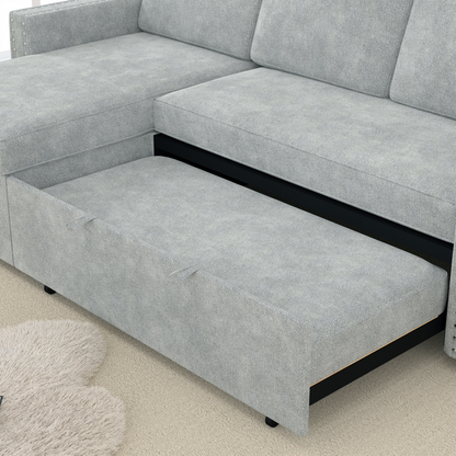 85 Inches Sofa Bed, 3 Seater Sleeper Sofa with Storage Chaise, Square Handrail With Pull and Copper nail,Chenille-Light Grey, Pull Out Couch for Living Room