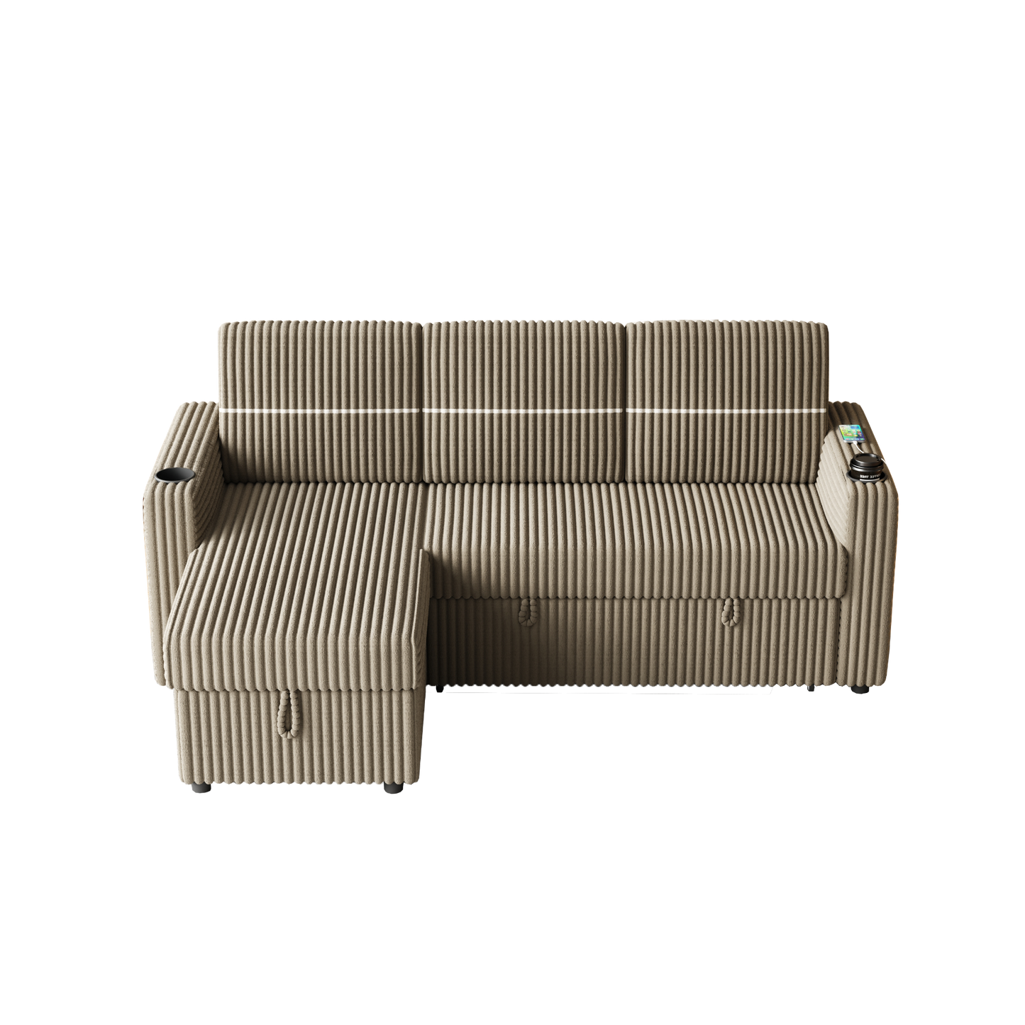 85 Inches Corduroy Sofa Bed, 3 Seater Sleeper Sofa with Storage Chaise, Square Handrail With Two Cup-holder And USB Charge Port, Pull Out Couch for Living Room