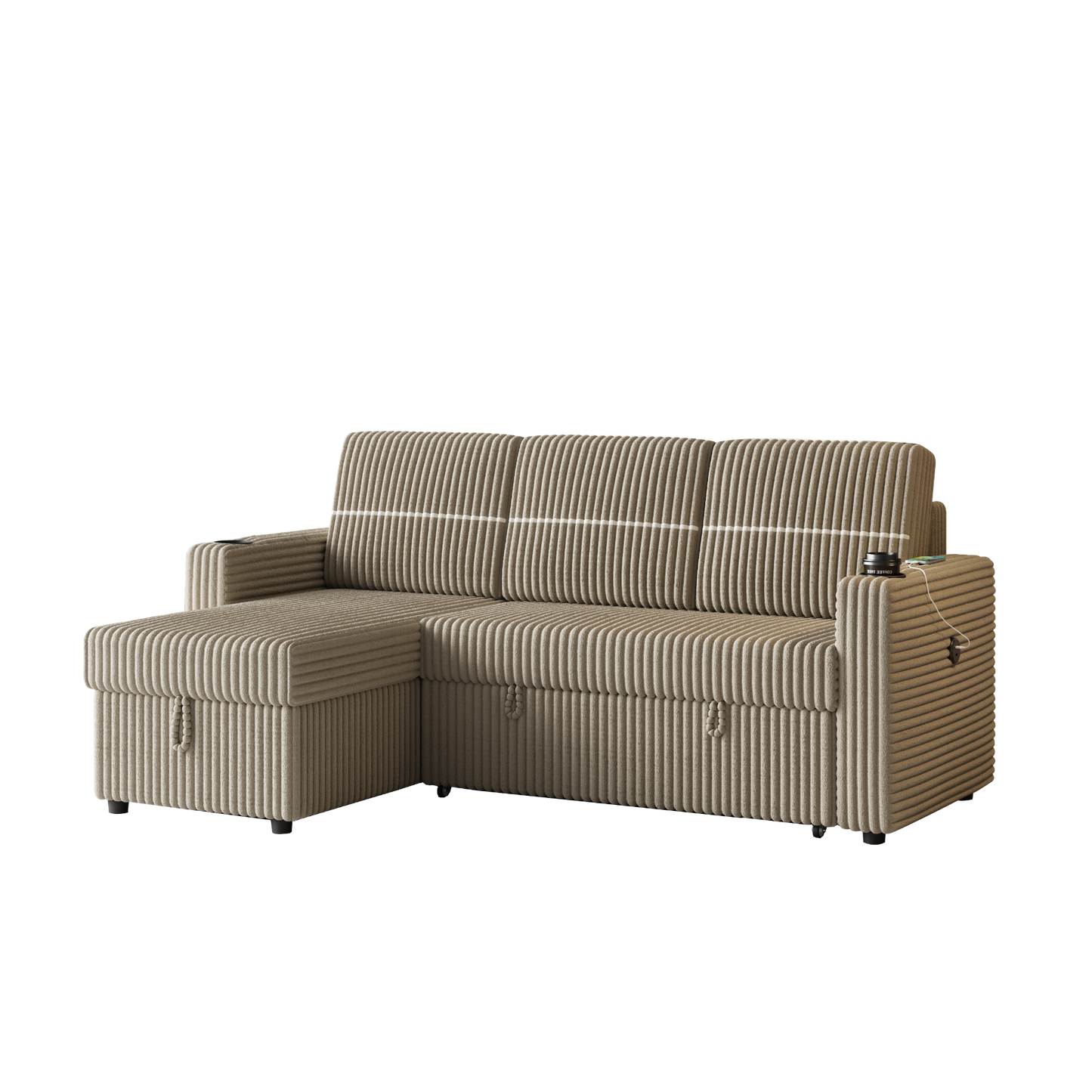 85 Inches Corduroy Sofa Bed, 3 Seater Sleeper Sofa with Storage Chaise, Square Handrail With Two Cup-holder And USB Charge Port, Pull Out Couch for Living Room