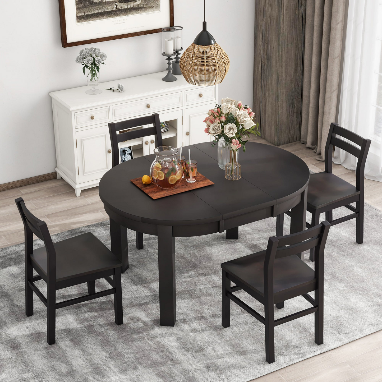 Farmhouse 5-Piece Extendable Round Dining Table Set with Storage Drawers and 4 Dining Chairs,16" Removable Leaf, Espresso